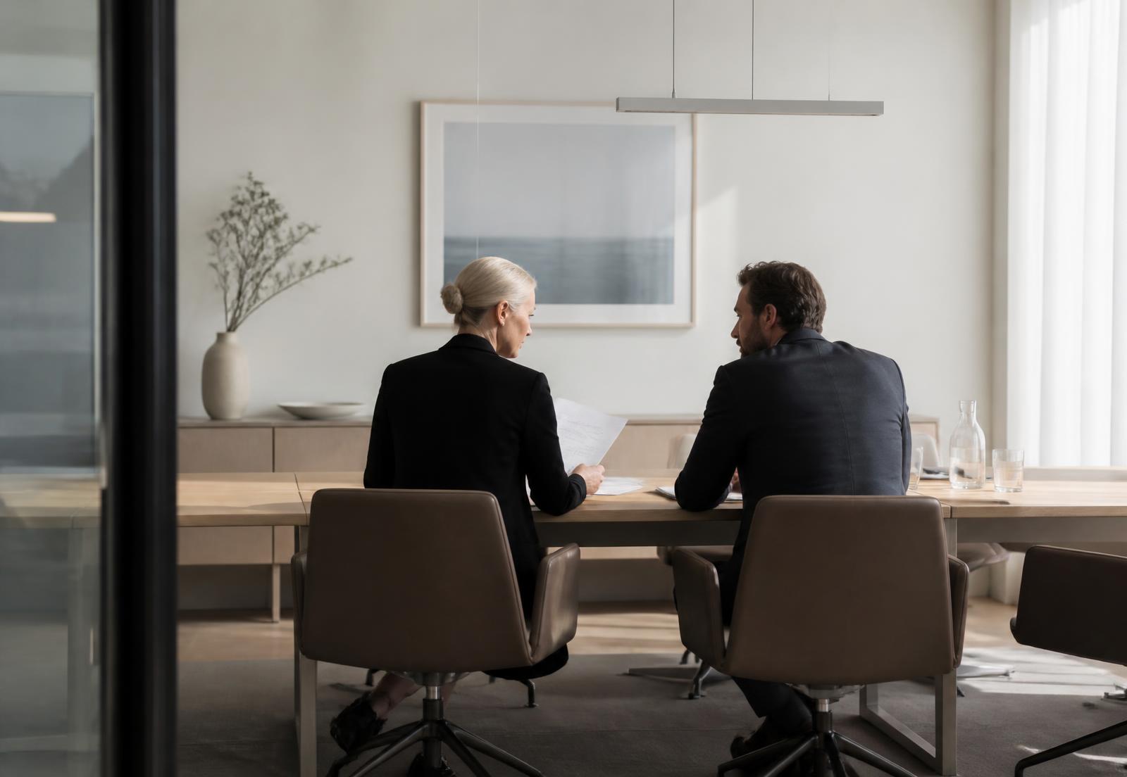 Two institutional partners reviewing documents in a meeting room